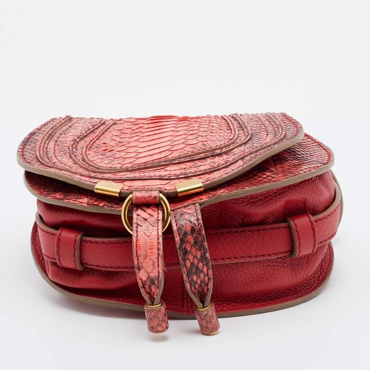 Pre Owned Chloe Peach Pink/Rust Red Python And Leather Mini Marcie Flap Shoulder Bag