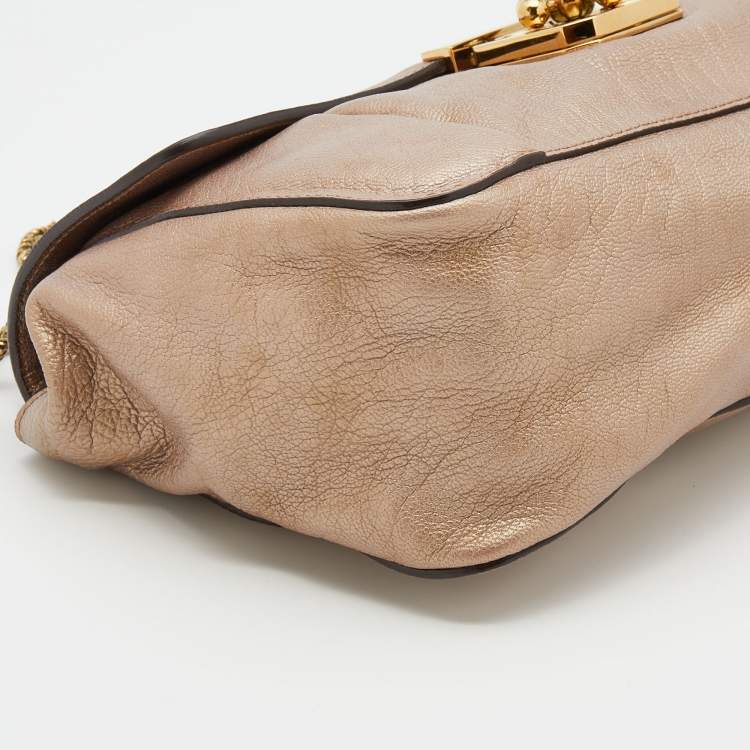 Pre Owned Chloe Metallic Beige Leather Medium Elsie Chain Flap Shoulder Bag