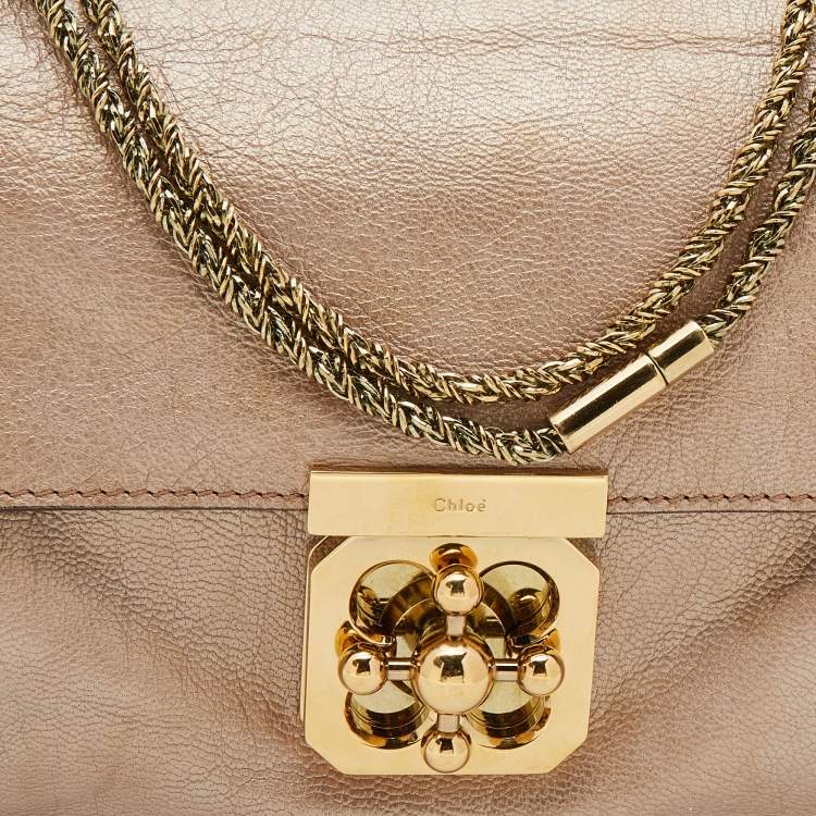 Pre Owned Chloe Metallic Beige Leather Medium Elsie Chain Flap Shoulder Bag