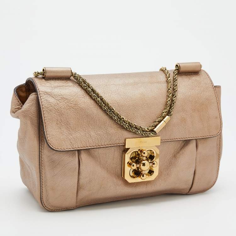 Pre Owned Chloe Metallic Beige Leather Medium Elsie Chain Flap Shoulder Bag