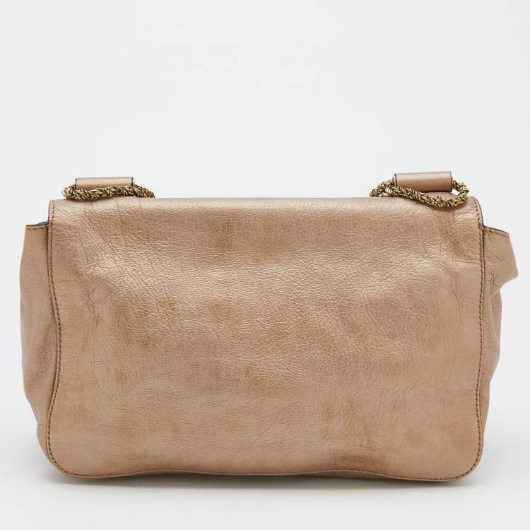 Pre Owned Chloe Metallic Beige Leather Medium Elsie Chain Flap Shoulder Bag