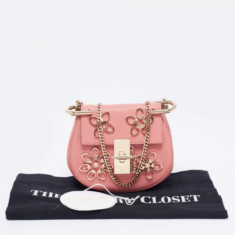 Pre Owned Chloe Pink Leather Nano Flowers Crystal Embellished Drew Shoulder Bag