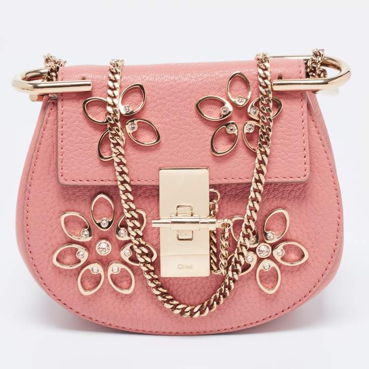 Pre Owned Chloe Pink Leather Nano Flowers Crystal Embellished Drew Shoulder Bag
