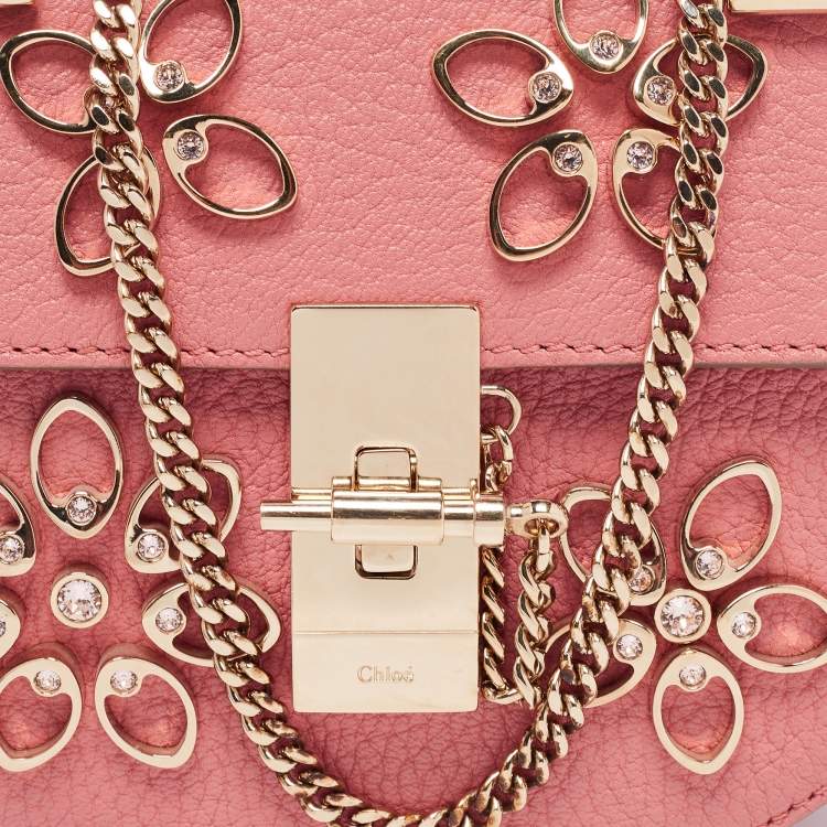 Pre Owned Chloe Pink Leather Nano Flowers Crystal Embellished Drew Shoulder Bag