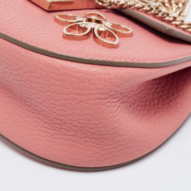 Pre Owned Chloe Pink Leather Nano Flowers Crystal Embellished Drew Shoulder Bag