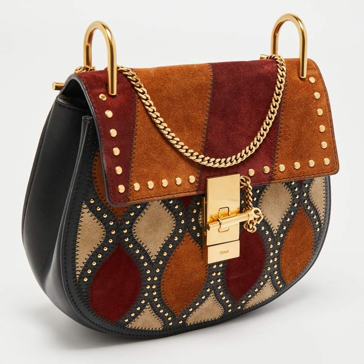 Pre Owned Chloe Multicolor Suede Patchwork Studded Medium Drew Shoulder Bag