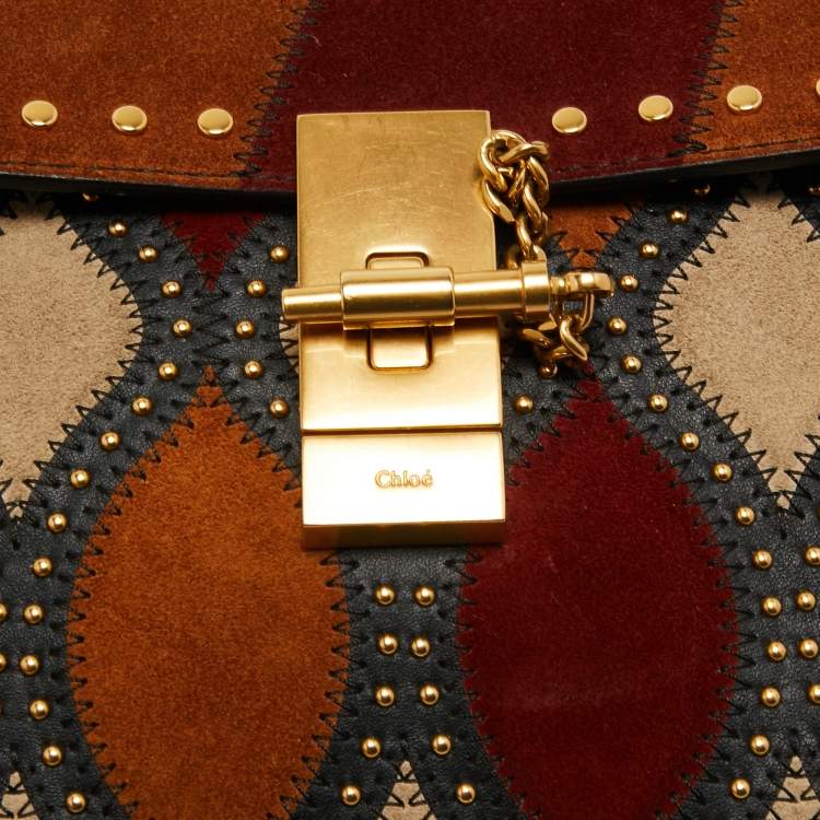 Pre Owned Chloe Multicolor Suede Patchwork Studded Medium Drew Shoulder Bag