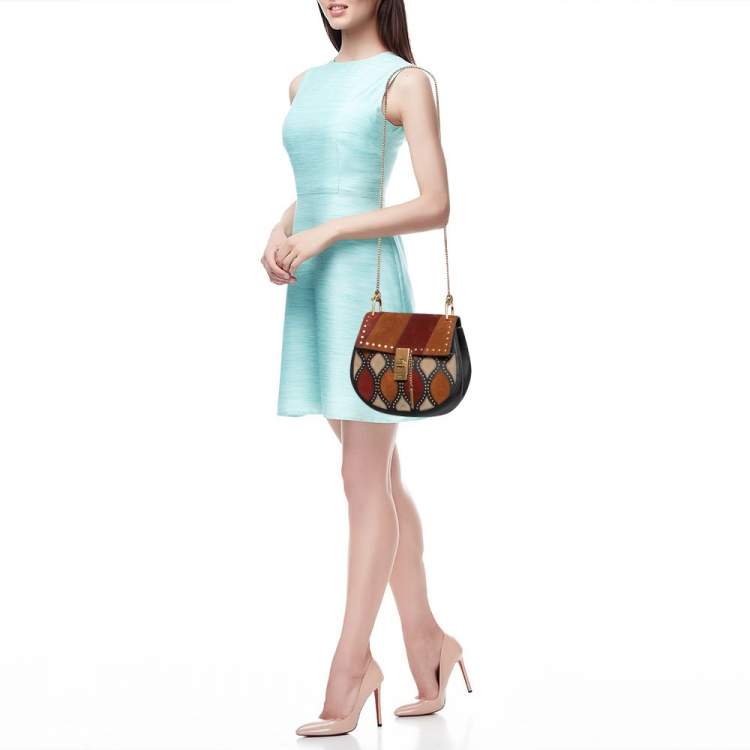 Pre Owned Chloe Multicolor Suede Patchwork Studded Medium Drew Shoulder Bag