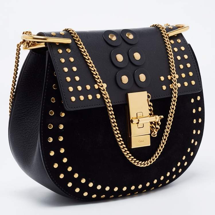 Pre Owned Chloe Black Studded Suede and Leather Small Drew Shoulder Bag