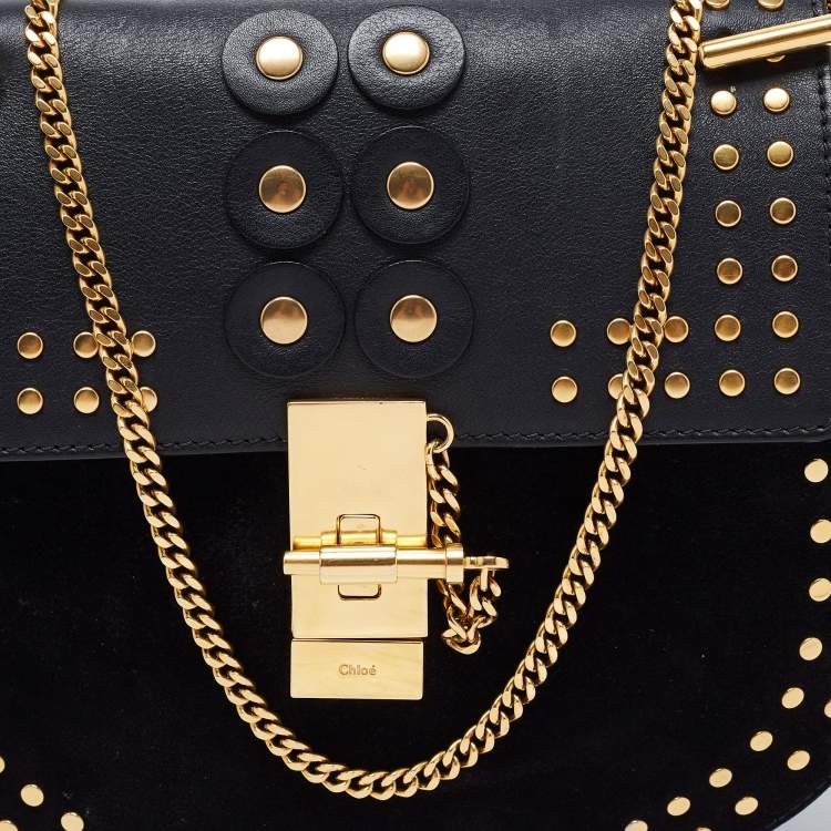 Pre Owned Chloe Black Studded Suede and Leather Small Drew Shoulder Bag