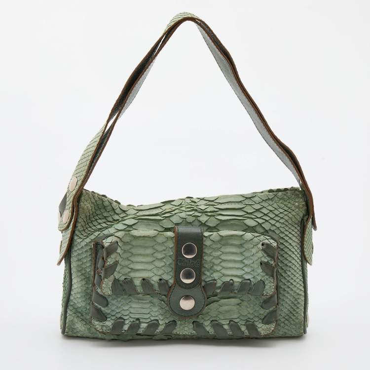 مملوكة مسبقًا Chloe Green Python Leather Metal Studded Baguette
