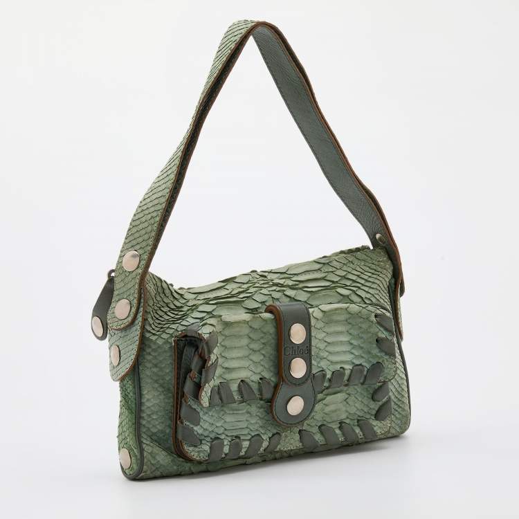 مملوكة مسبقًا Chloe Green Python Leather Metal Studded Baguette