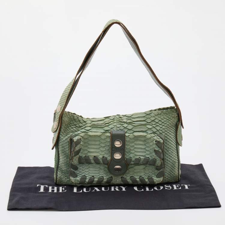 مملوكة مسبقًا Chloe Green Python Leather Metal Studded Baguette