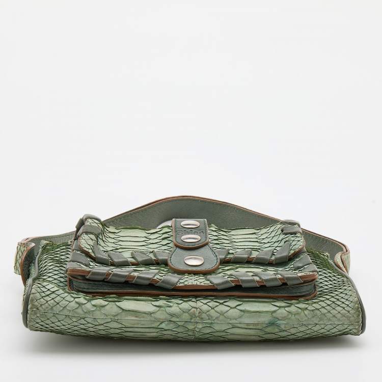 مملوكة مسبقًا Chloe Green Python Leather Metal Studded Baguette