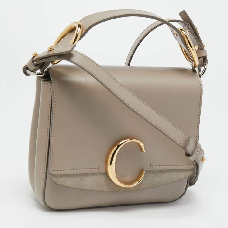 Pre Owned Chloe Grey Leather Small C Double Carry Top Handle Bag