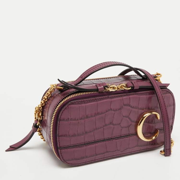 Pre Owned Chloe Purple Croc Embossed Leather Mini C Vanity Shoulder Bag