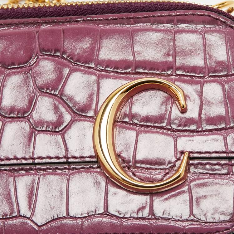 Pre Owned Chloe Purple Croc Embossed Leather Mini C Vanity Shoulder Bag