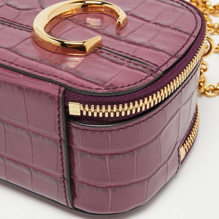 Pre Owned Chloe Purple Croc Embossed Leather Mini C Vanity Shoulder Bag