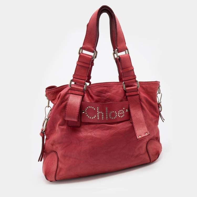 مملوكة مسبقًا Chloe Red Leather Studded Logo Patsy Tote