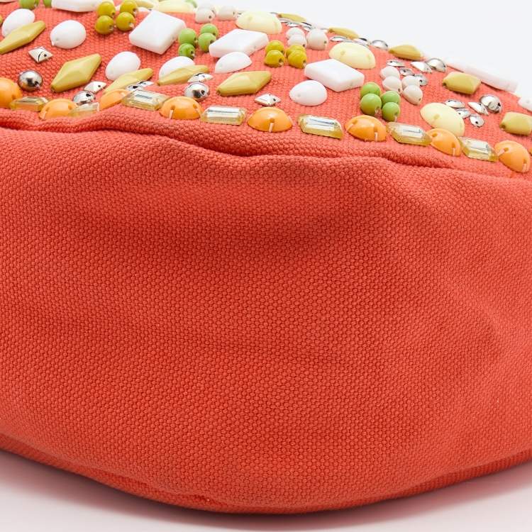 Pre Owned Chloe Orange Canvas Beads Embellished Hobo
