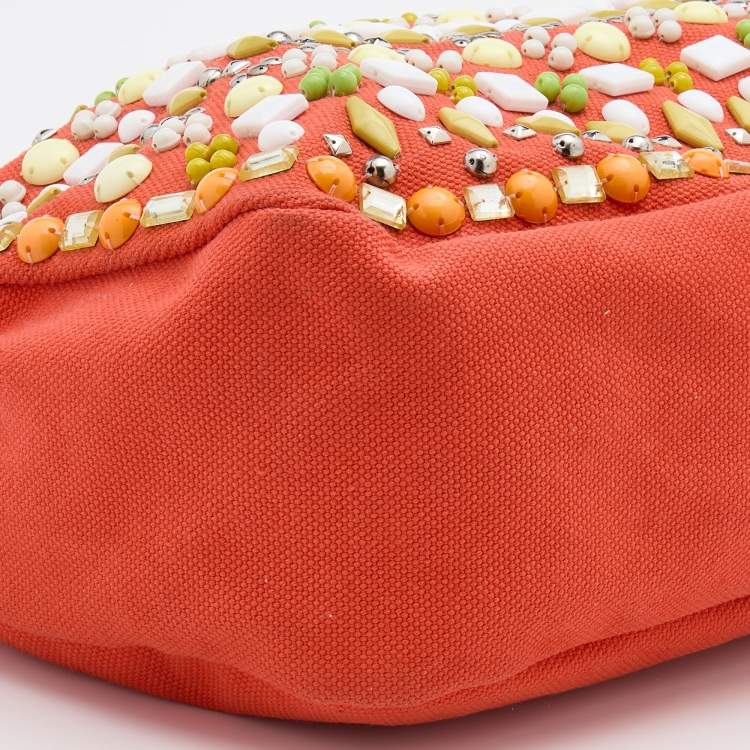 Pre Owned Chloe Orange Canvas Beads Embellished Hobo