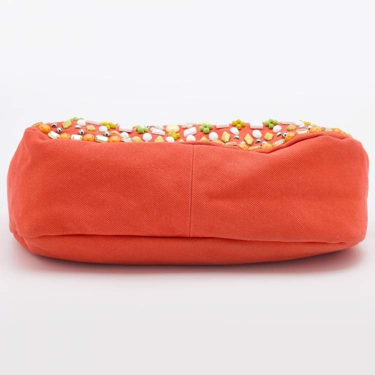 Pre Owned Chloe Orange Canvas Beads Embellished Hobo