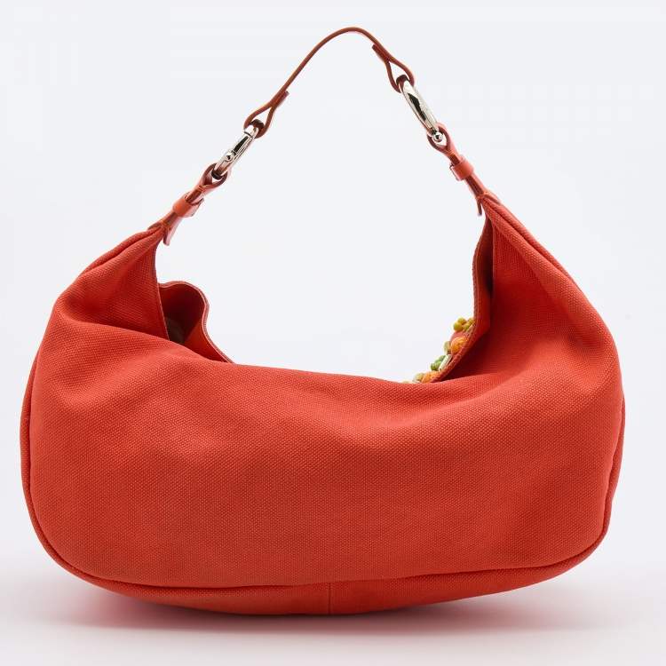Pre Owned Chloe Orange Canvas Beads Embellished Hobo