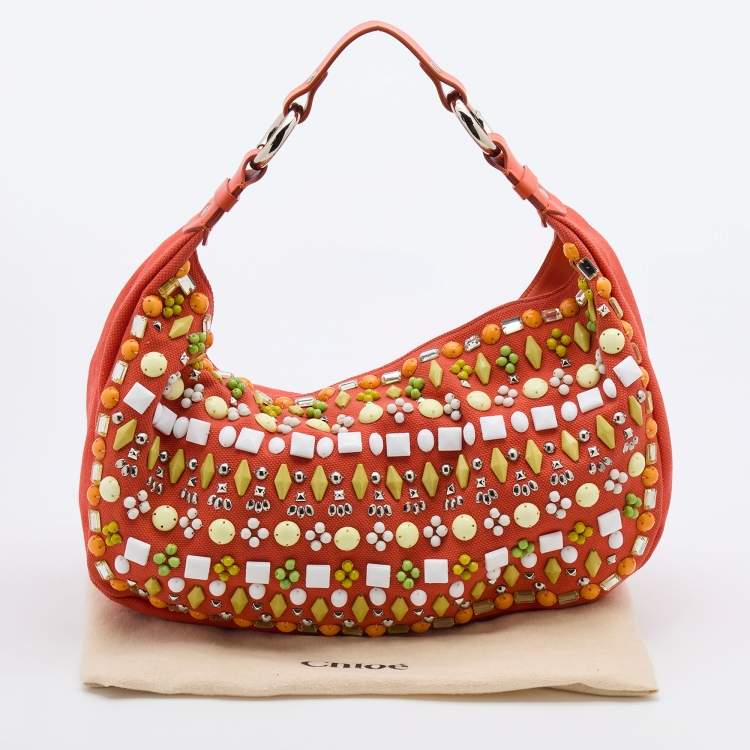 Pre Owned Chloe Orange Canvas Beads Embellished Hobo
