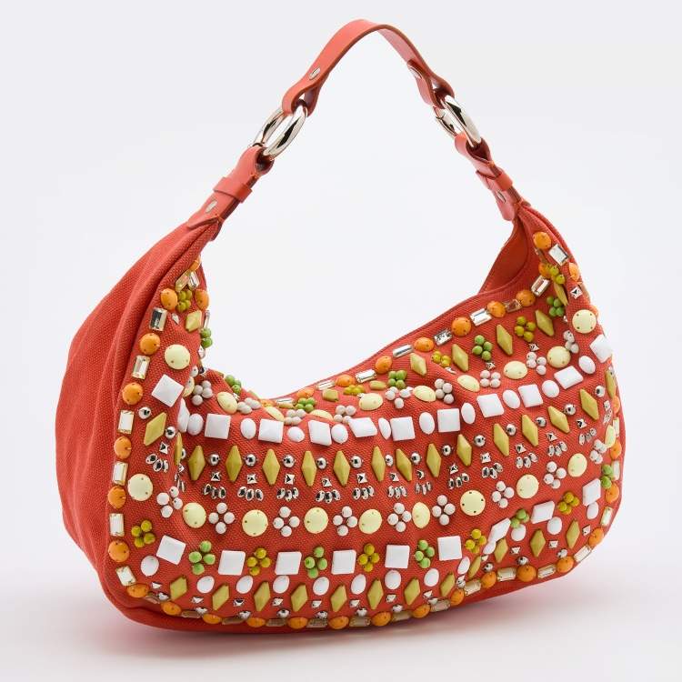 Pre Owned Chloe Orange Canvas Beads Embellished Hobo