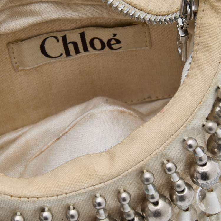 Pre Owned Chloe Off White Canvas Beaded Embellished Crescent Hobo