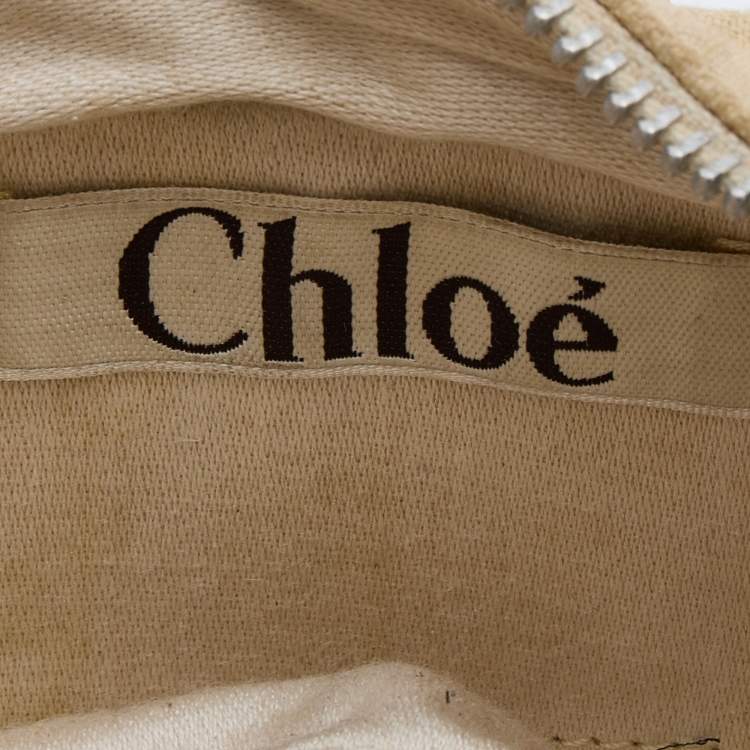 Pre Owned Chloe Off White Canvas Beaded Embellished Crescent Hobo