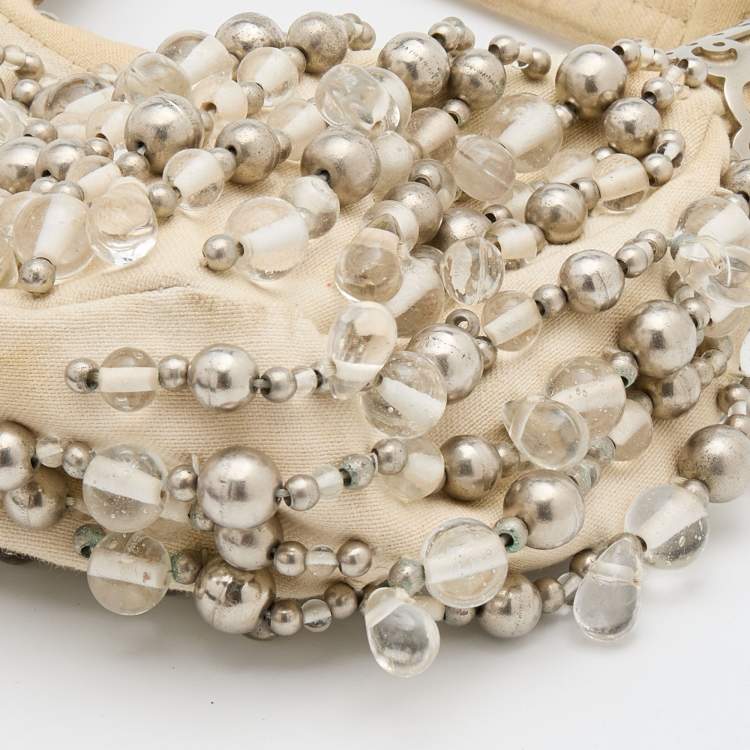 Pre Owned Chloe Off White Canvas Beaded Embellished Crescent Hobo