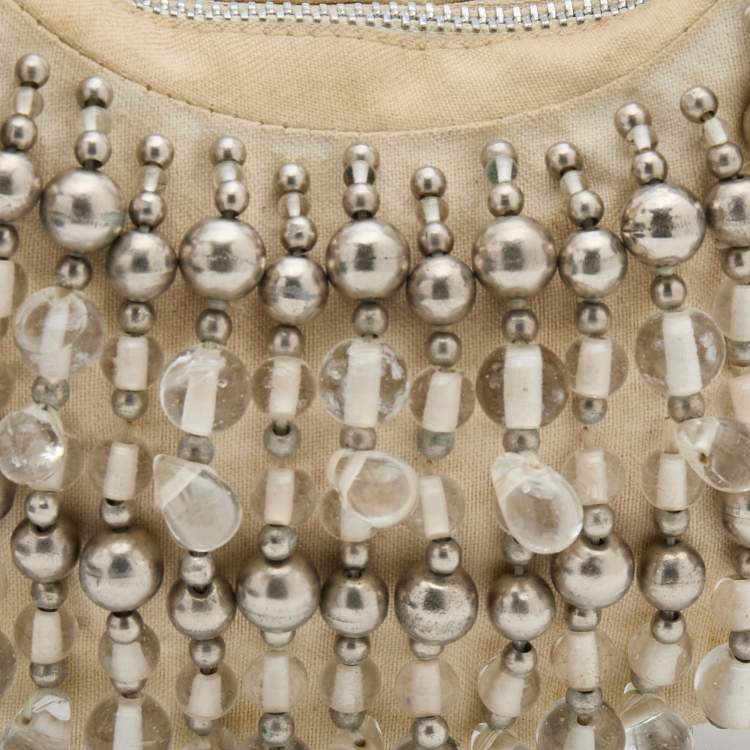 Pre Owned Chloe Off White Canvas Beaded Embellished Crescent Hobo