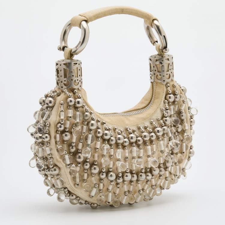 Pre Owned Chloe Off White Canvas Beaded Embellished Crescent Hobo