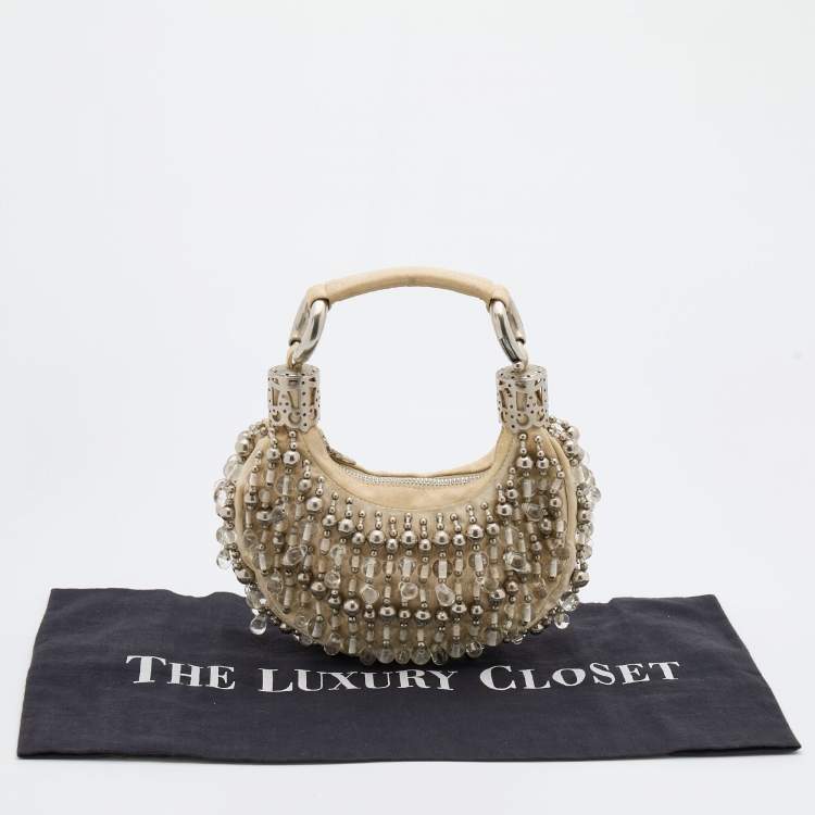 Pre Owned Chloe Off White Canvas Beaded Embellished Crescent Hobo