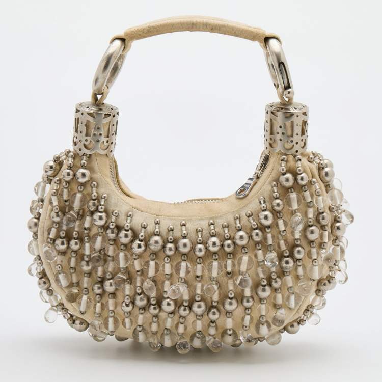Pre Owned Chloe Off White Canvas Beaded Embellished Crescent Hobo