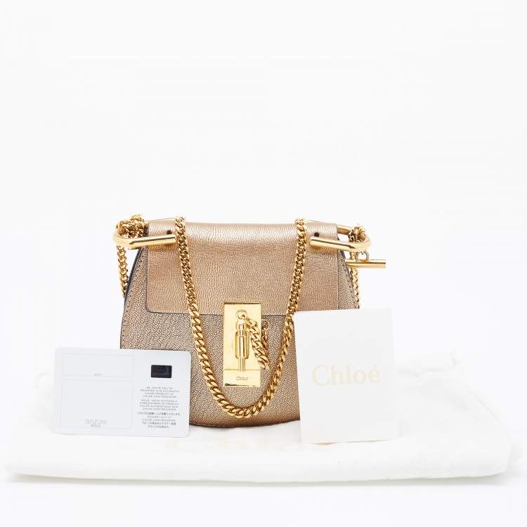 Pre Owned Chloe Metallic Gold Leather Mini Drew Chain Crossbody Bag