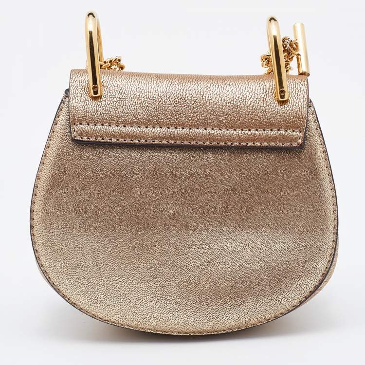 Pre Owned Chloe Metallic Gold Leather Mini Drew Chain Crossbody Bag
