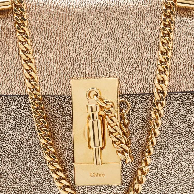 Pre Owned Chloe Metallic Gold Leather Mini Drew Chain Crossbody Bag