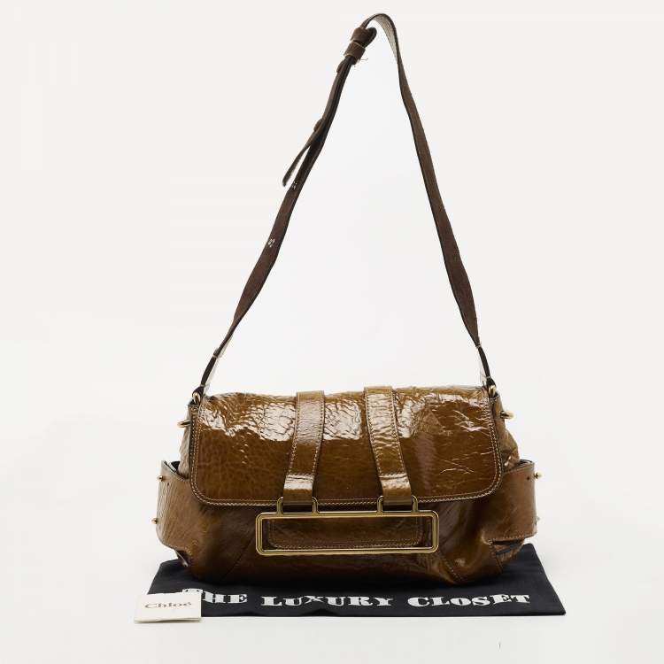 Pre Owned Chloe Brown Patent Leather Flap Shoulder Bag