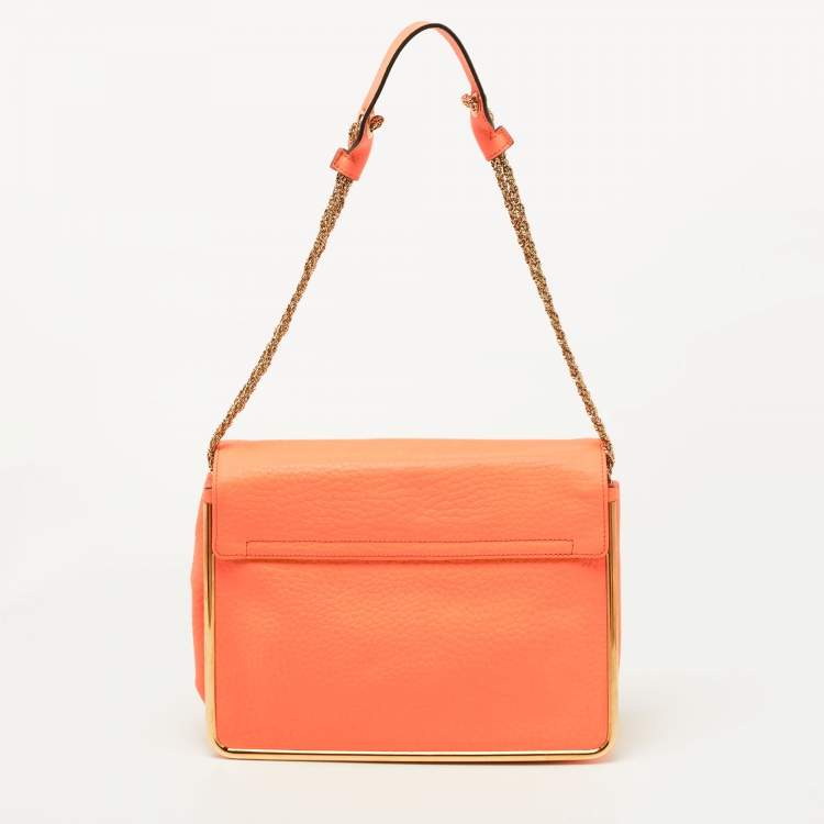 Pre Owned Chloe Orange Pebbled Leather Medium Sally Flap Shoulder Bag