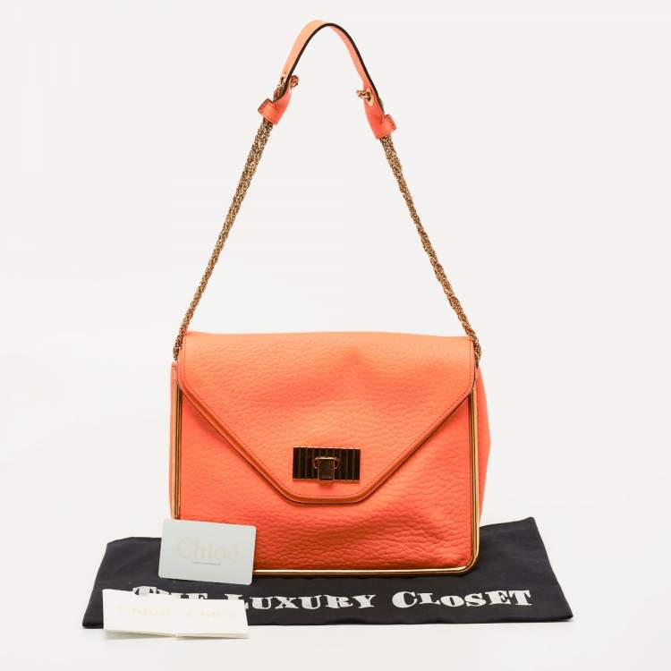 Pre Owned Chloe Orange Pebbled Leather Medium Sally Flap Shoulder Bag
