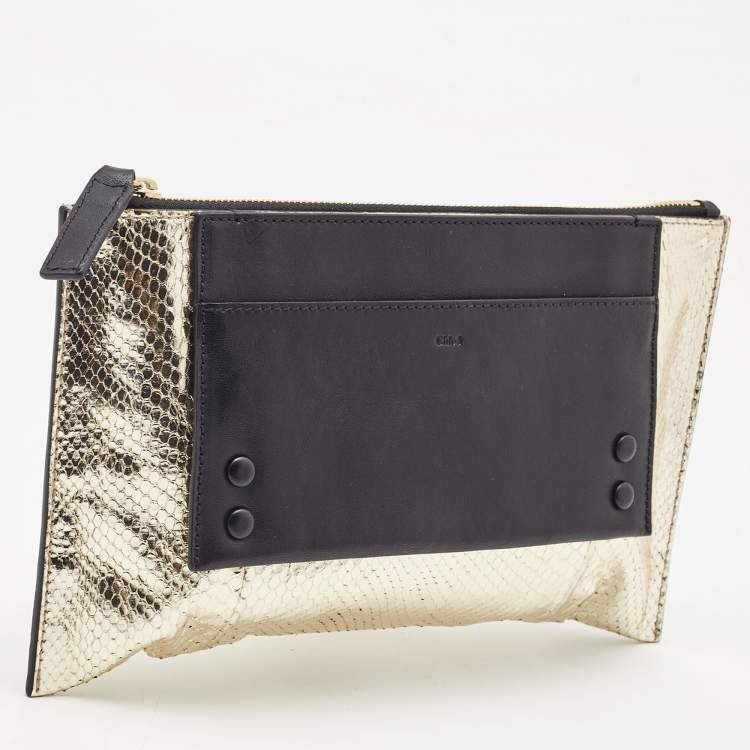 Pre Owned Chloe Metallic Gold/Black Snakeskin and Leather Clutch