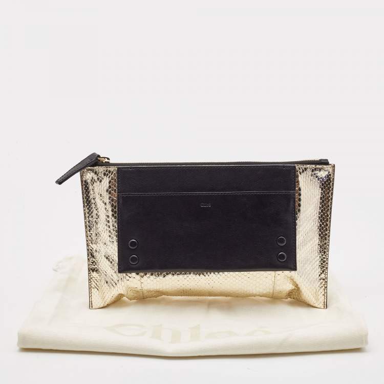 Pre Owned Chloe Metallic Gold/Black Snakeskin and Leather Clutch