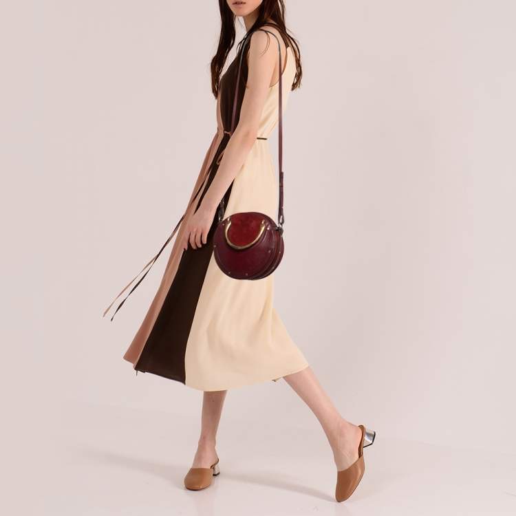 Pre Owned Chloe Maroon Leather and Suede Small Pixie Round Crossbody Bag