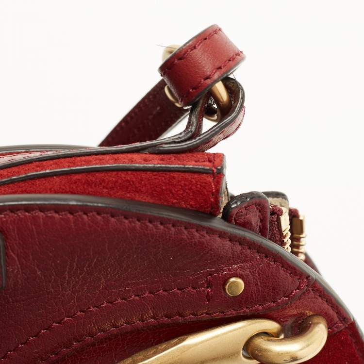 Pre Owned Chloe Maroon Leather and Suede Small Pixie Round Crossbody Bag