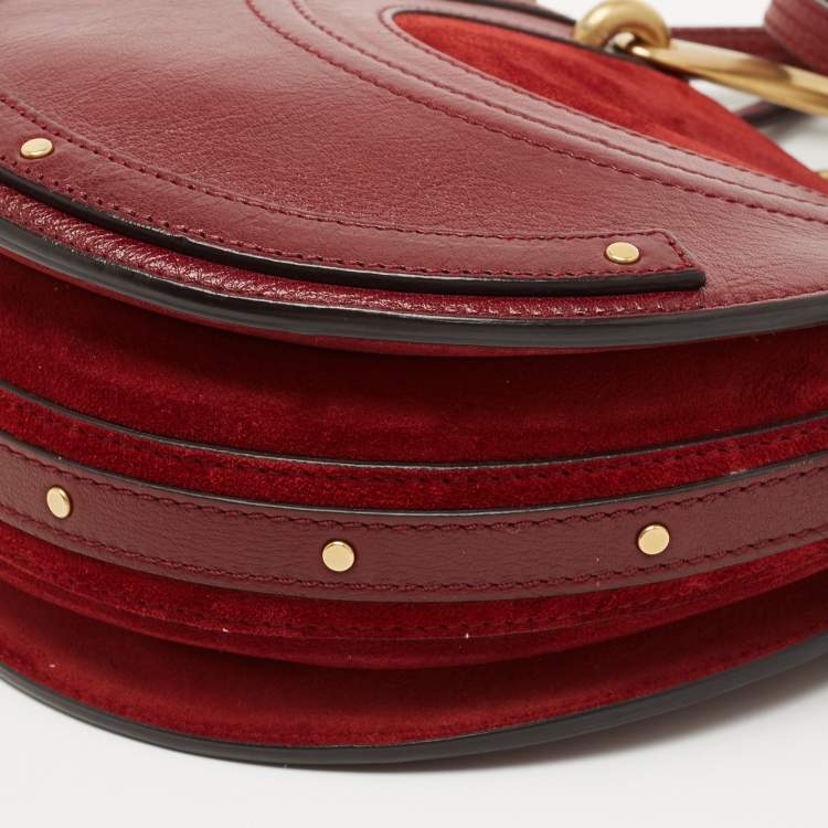 Pre Owned Chloe Maroon Leather and Suede Small Pixie Round Crossbody Bag