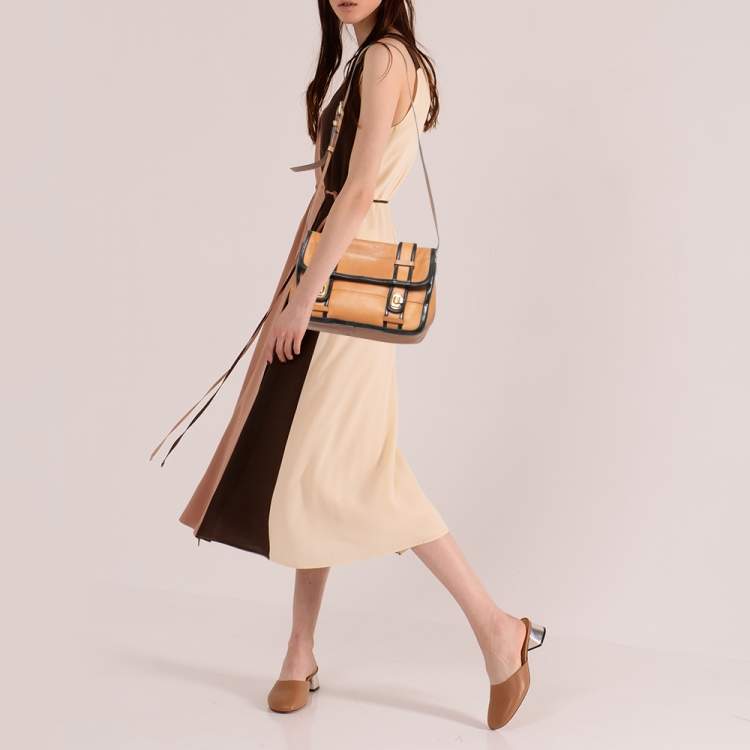 Pre Owned Chloe Tan/Black Patent and Leather Flap Shoulder Bag