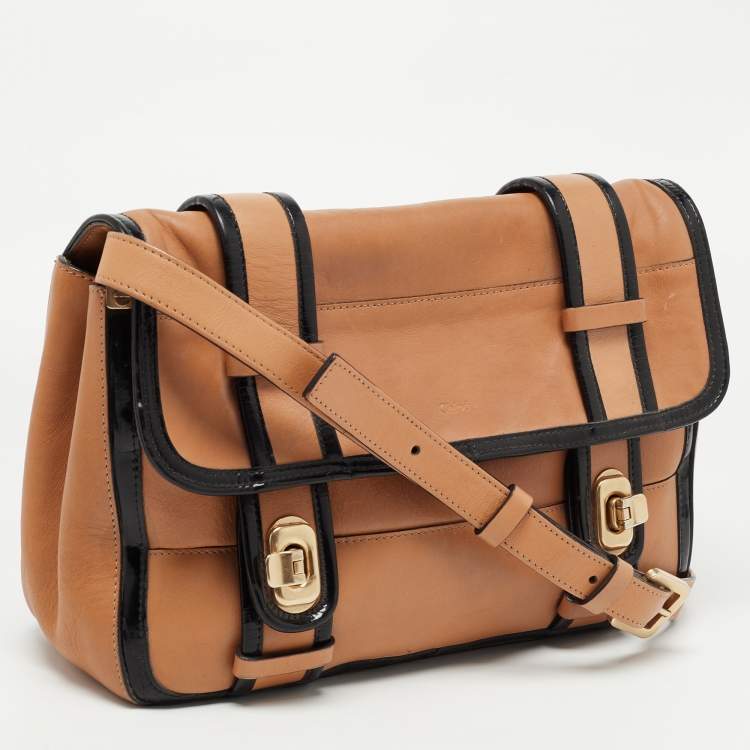 Pre Owned Chloe Tan/Black Patent and Leather Flap Shoulder Bag