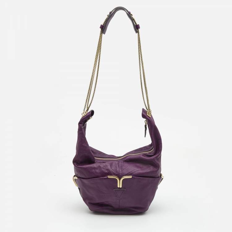 Pre Owned Chloe Purple Leather Milton Triple Chain Hobo